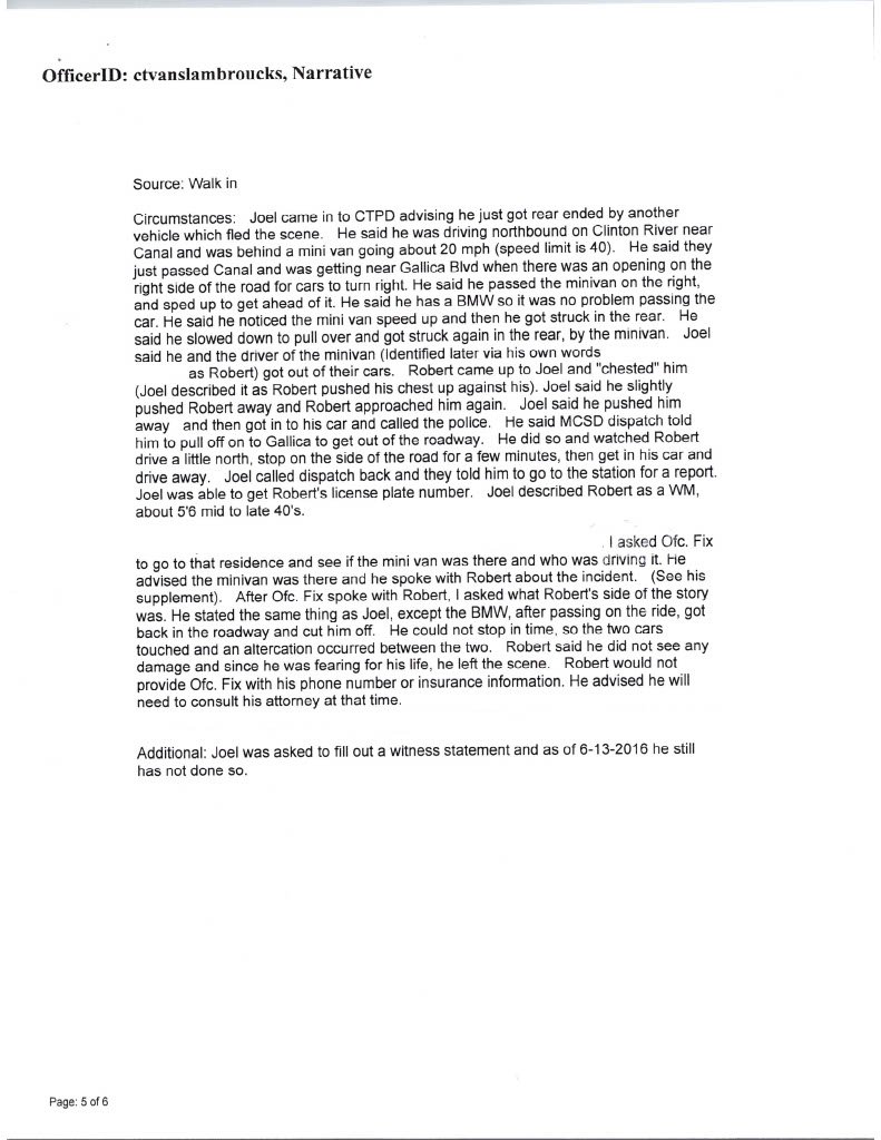 Clinton Township Police Department officer narrative concerning Robert Wojtowicz, 2016 case, page 5